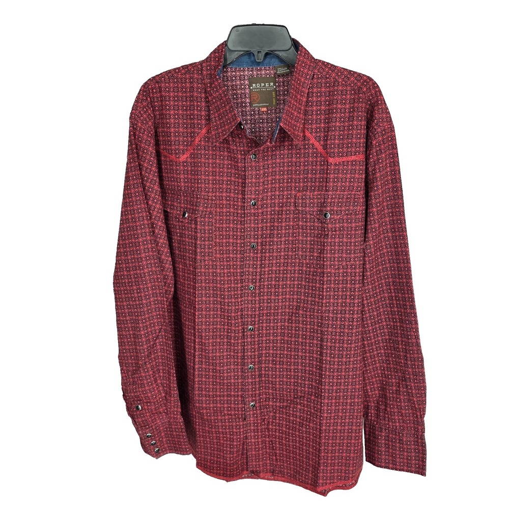 Roper Western Shirt Mens 2XL Black Red Floral Pearl Snap Cowboy Rodeo Rancher‎